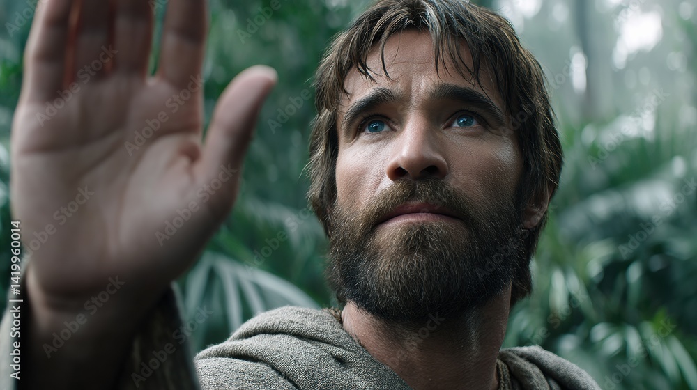 Poster a man with a beard gestures in a lush, green jungle, creating a sense of mystery and connection with