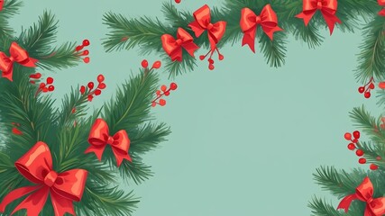 Borde festivo de estilo artesanal con agujas de abeto natural, mo&ntilde;os rojos de tafet&aacute;n y racimos de bayas invernales sobre fondo liso