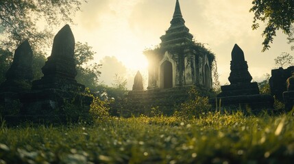 Ancient temple ruins surrounded by lush vegetation in natural sunlight
