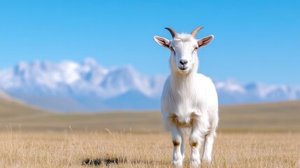 Obraz premium White goat in a golden meadow, mountain backdrop