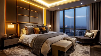 Modern hotel bedroom with city view at dusk