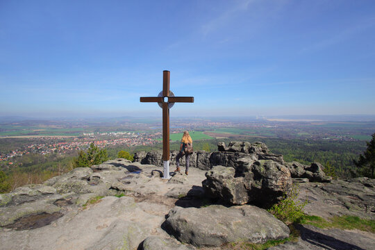 The summit cross on the T&ouml;pfer mountain with panoramic view, Oybin, Zittau Mountains - Germany