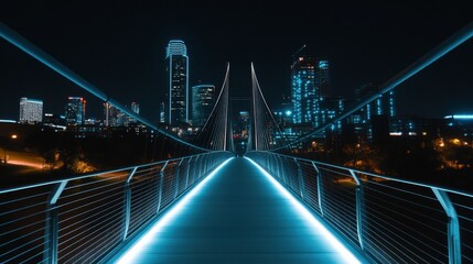 Fototapeta premium A modern lit bridge leads toward a city skyline at night
