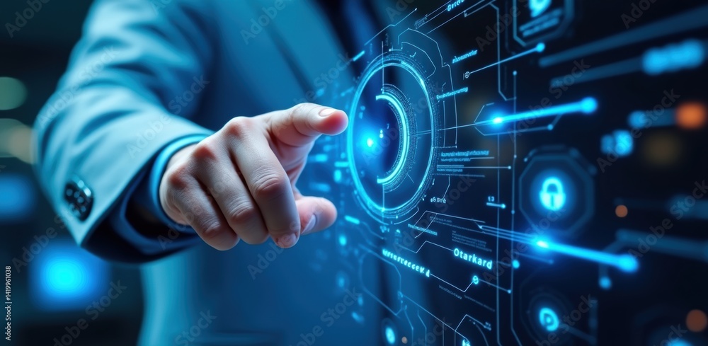Poster a hand interacts with a futuristic touchscreen interface displaying digital icons and glowing lines,