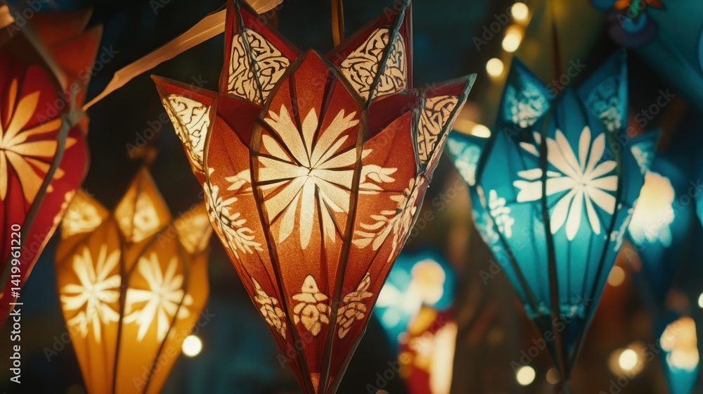 Poster illuminated hanging decorative lanterns displaying varying color and pattern designs