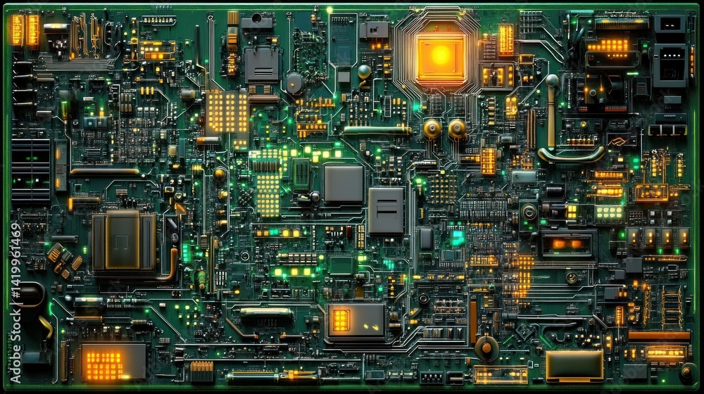 Poster an intricate electronic circuit board with many tiny components on it