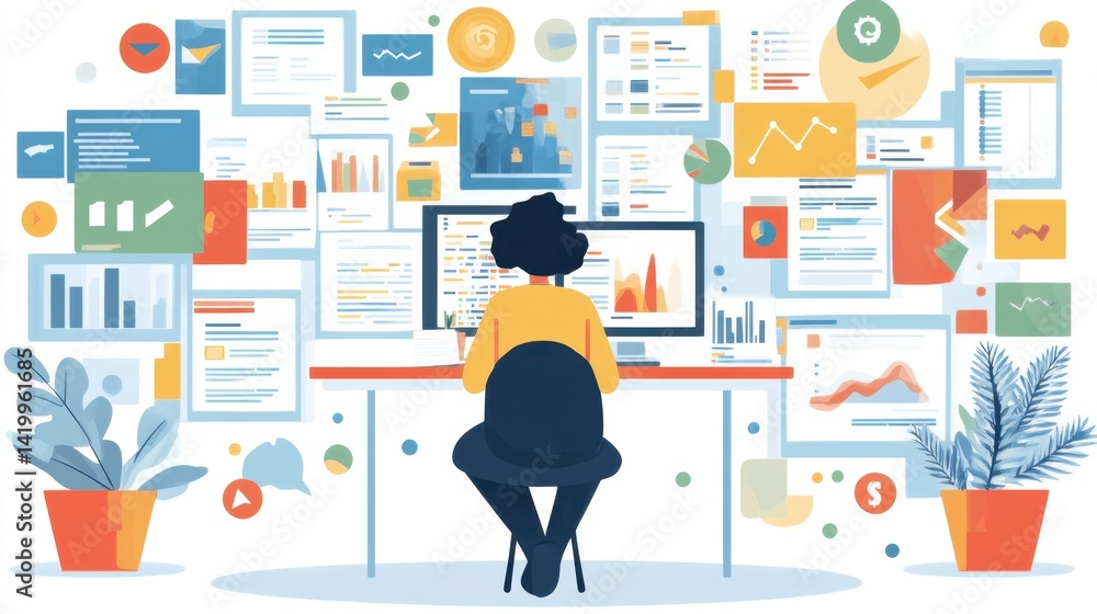 Poster person sits at desk facing computer, surrounded by colorful data charts and graphs. plants on either