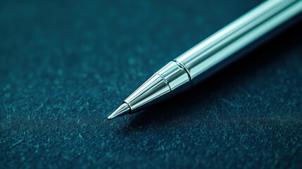 Close up of shiny metallic pen resting on dark textured surface