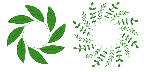 Wreath with green leaves. Spring round frames.