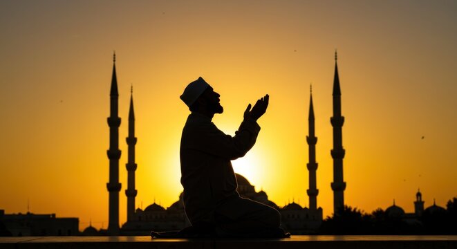 Muslim Man Praying at Sunset (Photo)