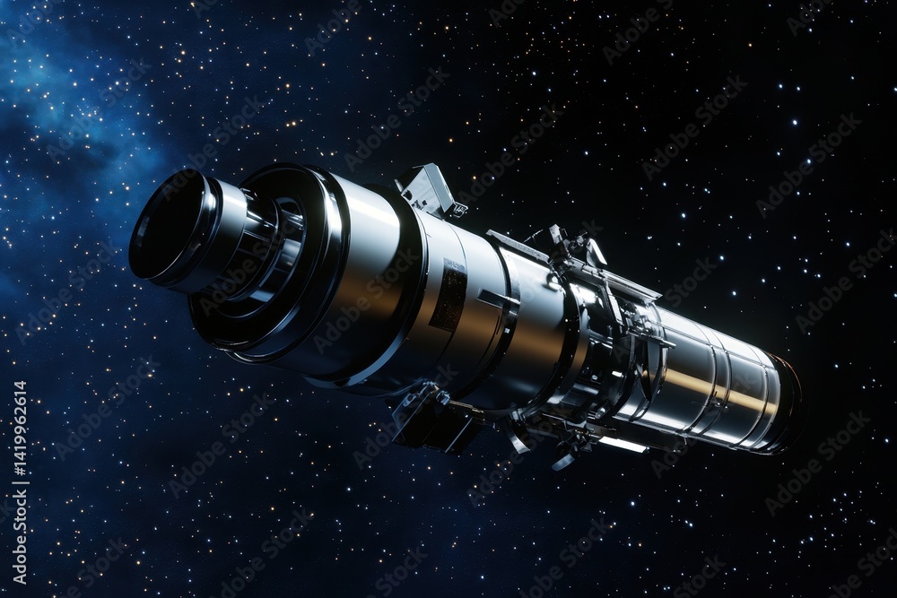 Poster exploration vehicle navigating the vastness of outer space under a starry canvas