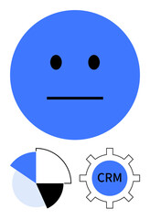Minimalist neutral emotion face above a pie chart and CRM gear symbol. Ideal for emotion analysis, analytics, customer service, business tools, decision-making, marketing strategy, flat simple