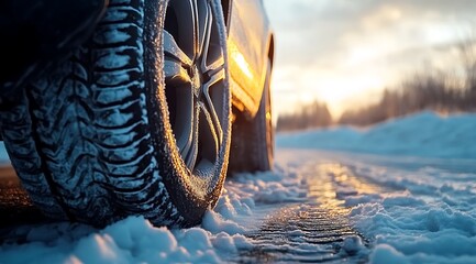 Winter Drive: A close-up perspective of a car tire navigating a snow-covered road against a backdrop of a breathtaking winter sunset.