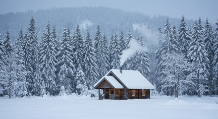 Winter Cabin in Snowy Forest, Photo
