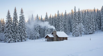 Winter Cabin in Snowy Forest (Photo)