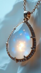 Elegant teardrop pendant with moonstone and diamonds on gold chain.