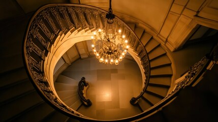 Obraz premium Ornate spiral staircase, chandelier, warm lighting.
