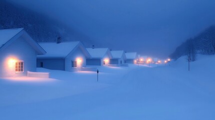 Snowy village at twilight. Cozy cabins illuminated by warm light, nestled in a blanket of snow, under a pale blue sky
