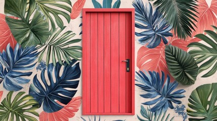 Red door on tropical leaf wall. Vibrant colors, detailed texture.