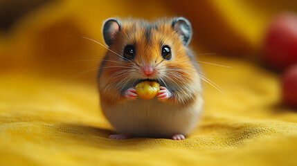 Adorable close-up of a hamster holding food, bright yellow background