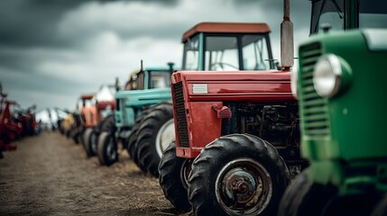 Obraz premium Vintage tractors lined up in a row, showcasing agricultural machinery.