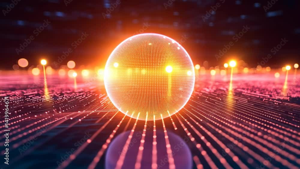 Poster illuminated geometric sphere centered on a circuit board with red and orange lighting