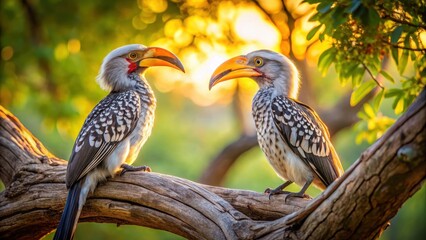 A pair of Southern Yellow-billed Hornbills gazing at each other from the knotholes of a dead tree, with sunlight filtering through the leafy canopy above, family, dead tree