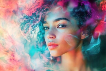 Mixed race woman high on psychedelics. Generative AI.
