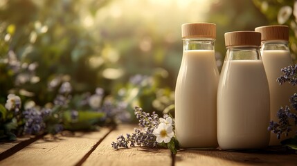 An assortment of milk in glass containers is displayed with flowers and greenery on a wooden surface outdoors