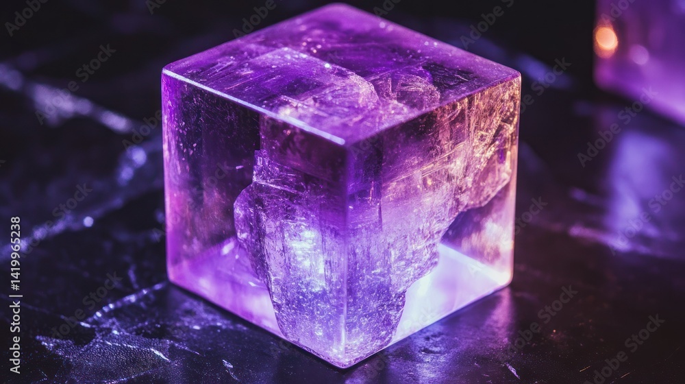 Poster a purple crystal structure encased within a transparent cube shape