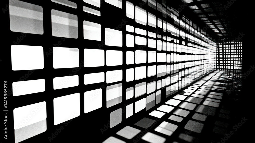 Poster a perspective view of a futuristic tunnel with tiled squares