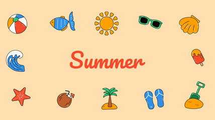 Set with cartoon summer elements. Hand drawn sketch.