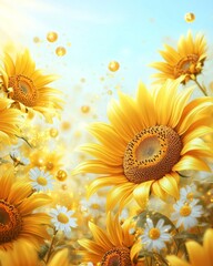 Luxury Sunflower Field Background with Golden Sun Rays on Blue