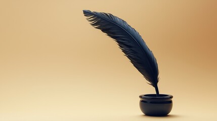 Close-up of a single black feather quill pen resting in an ink bottle on a soft beige background with gentle lighting for artistic writing or calligraphy themes