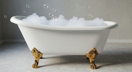 Bathtub Filled with Bubbles and Golden Feet Detail