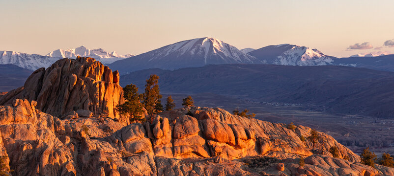 First light on Hartman Rocks, Gunnison, Colorado. The Gunnison Valley is changing in late spring, yet the snow-covered Elk Mountains remain locked in winter's grasp.