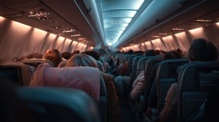 A crowded airplane with people sitting in the aisle