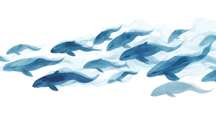 This digital watercolor painting depicts a group of whales swimming gracefully underwater in tranquil water. The whales are rendered in different shades of blue.