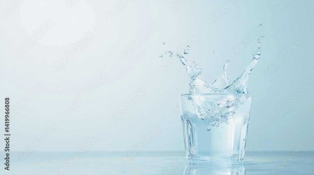 Poster refreshing splash of water in clear glass symbolizes health and hydration, emphasizing importance of