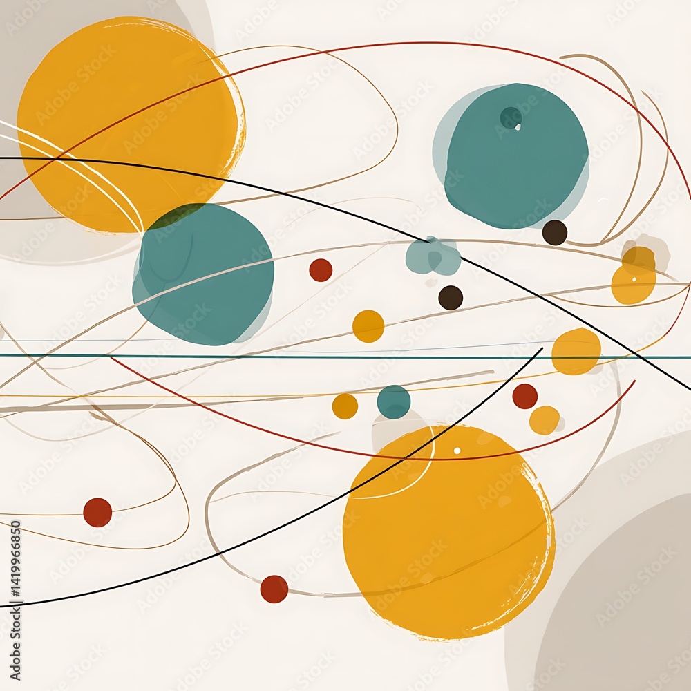 Poster abstract circles and lines geometric composition with dynamic brushstrokes and earthy tones design.