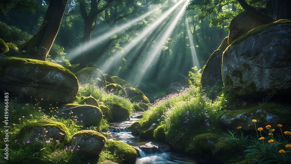Poster streaming water through forest rocks with sun rays filtering through trees