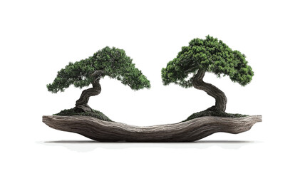 Obraz premium Two meticulously crafted bonsai trees are symmetrically arranged on an organically shaped dark brown base. The trees display lush, vibrant green foliage.