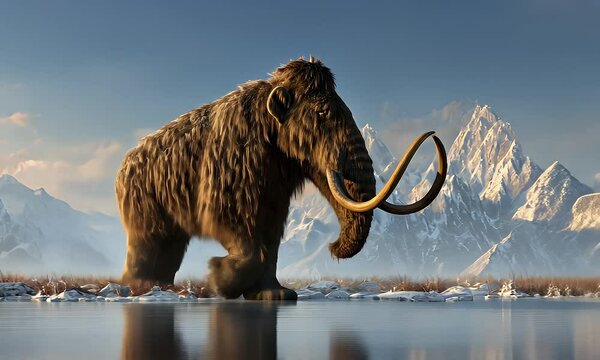A woolly mammoth stands near a frozen lake with snowy mountains in the background on a sunny day