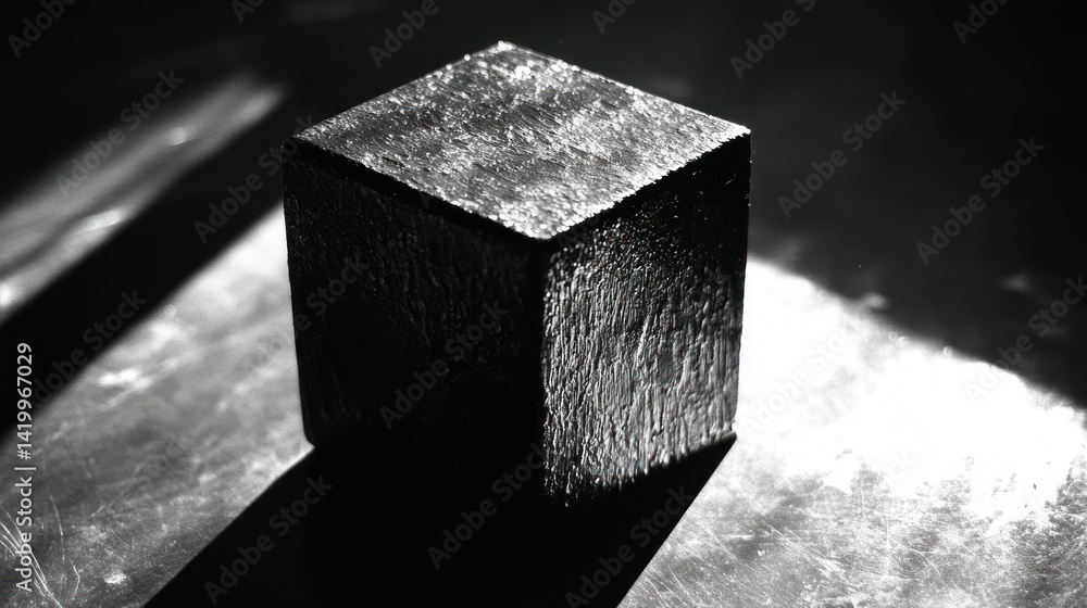 Aufkleber a textured square cube sits on a rough reflective surface