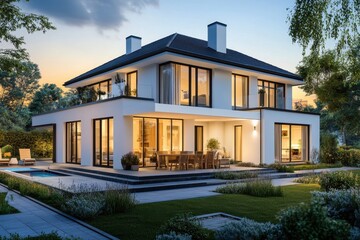 Fototapeta premium Modern, two-story home with outdoor living space at twilight.