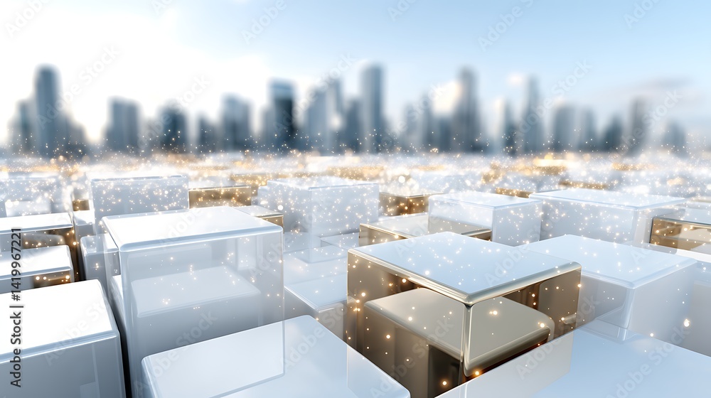 Poster abstract cityscape with shiny cubic platforms in white and gold artistic composition 3d render.