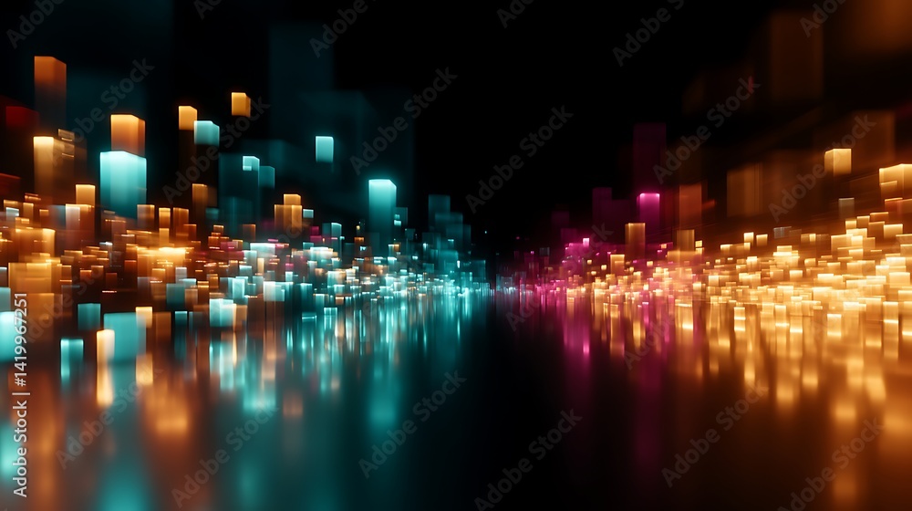 Aufkleber abstract cityscape with geometric illuminated structures against dark backdrop for visual impact.