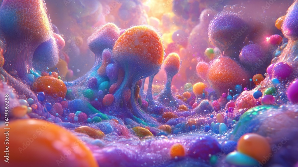 Poster an imaginative abstract landscape featuring colorful mushroom like structures