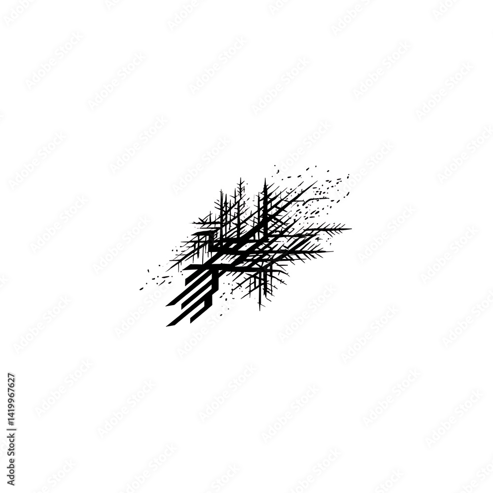 Poster abstract composition of intersecting black geometric lines and splatter on a white canvas aesthetic 