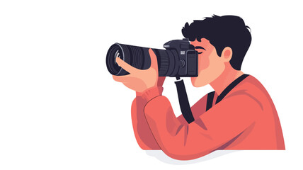Fototapeta premium A stylized vector illustration rendered in a flat 2D style depicting a young man intently observing his surroundings through a large SLR camera.